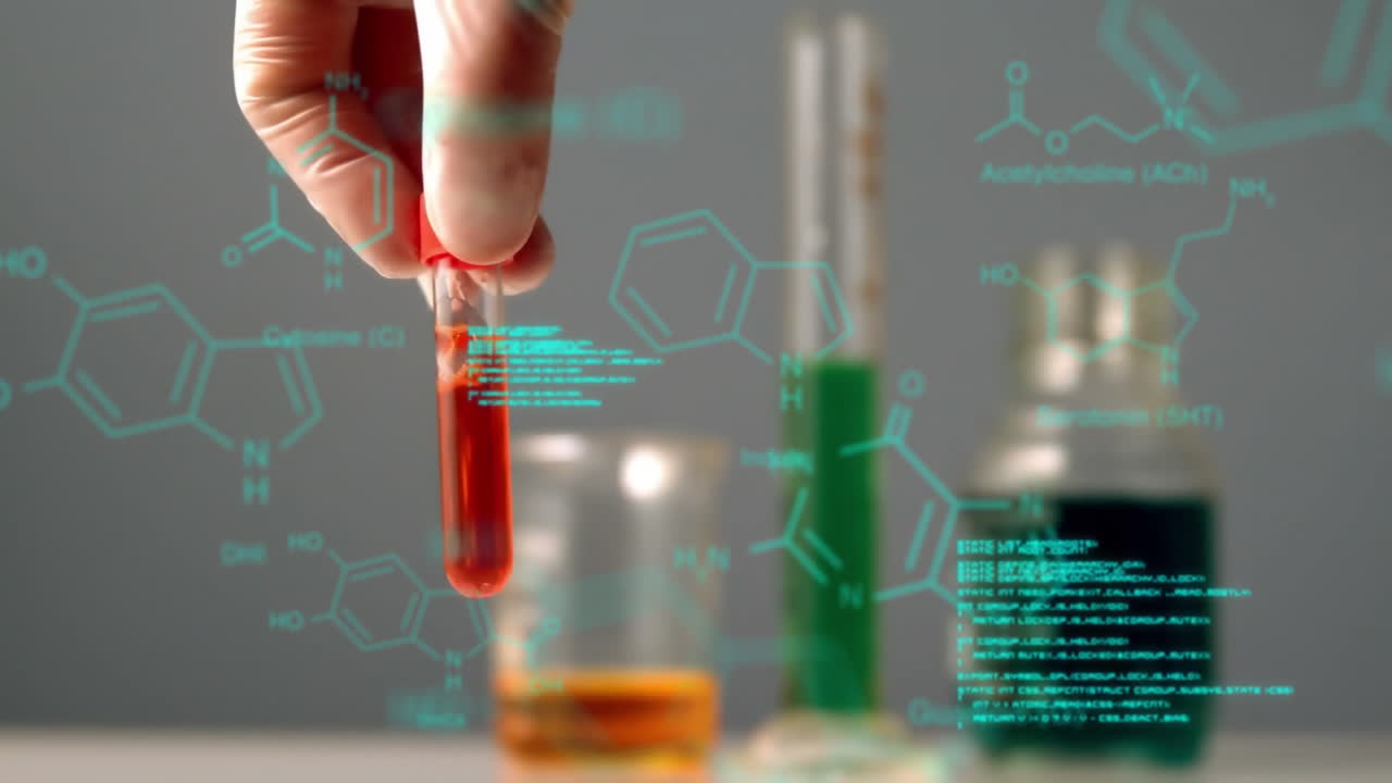 tubo de ensayo con datos y fórmula estructural de compuestos químicos en primer plano