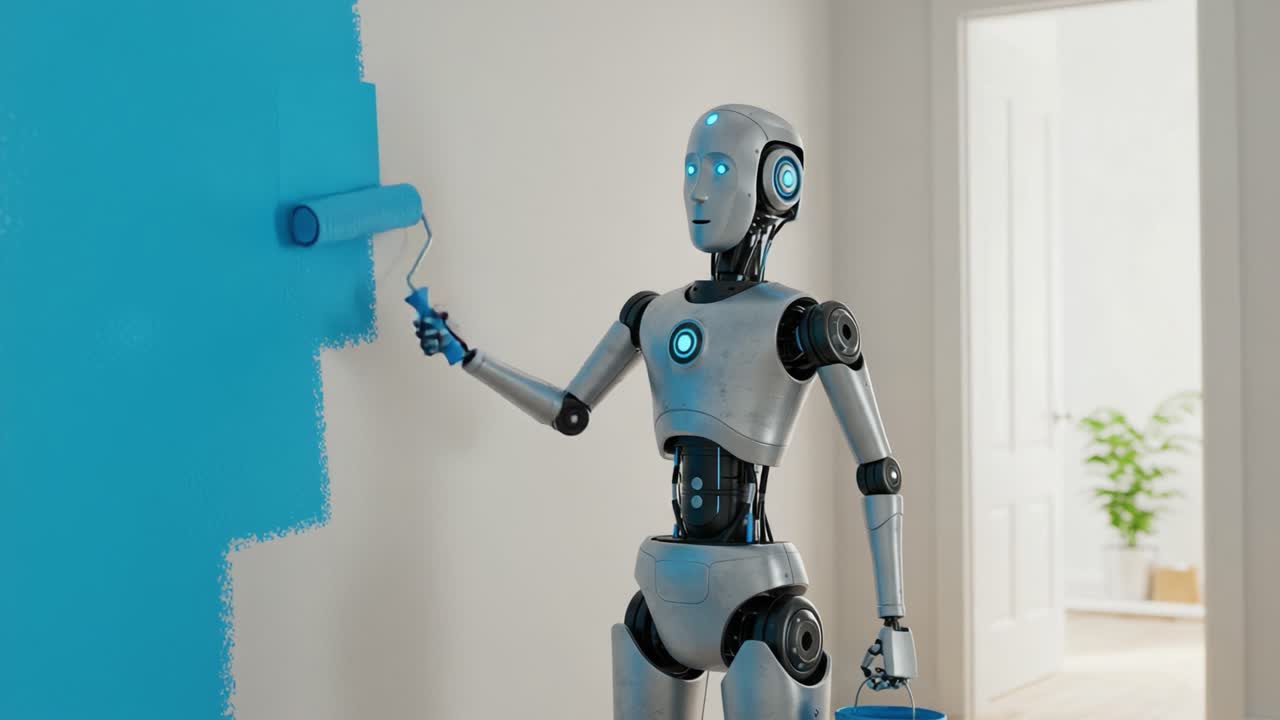 A Humanoid Robot Painting a Wall in Bright Blue with a Paint Roller, Showcasing the Intersection of Technology and Home Improvement