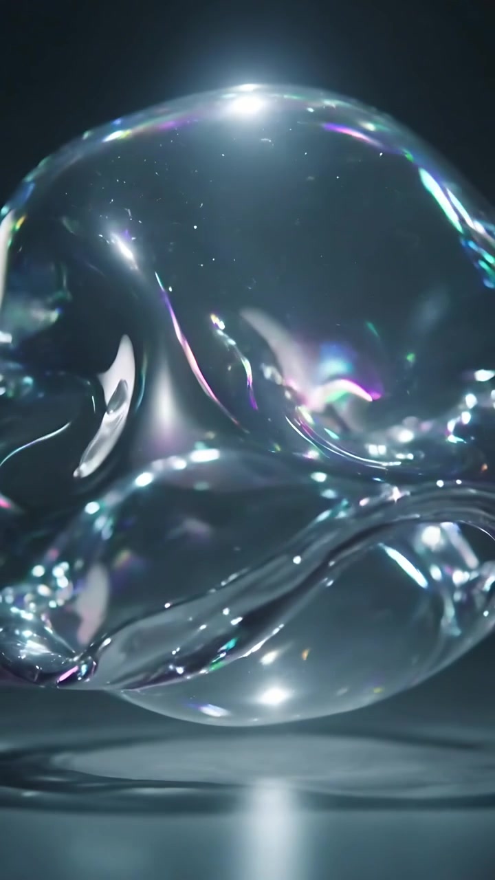 Vertical video: Shifting clear orb as base bulge forming, flattening into lobed film on shiny stage