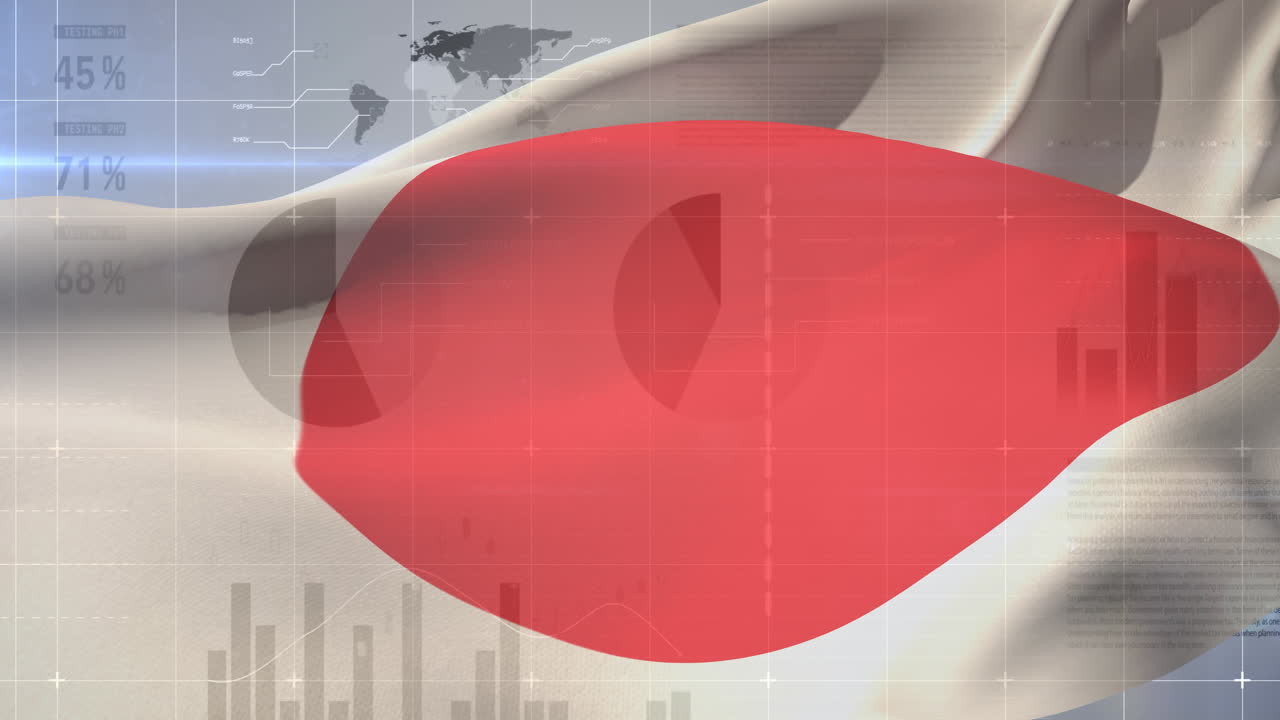 재무 통계 기록과 세계 지도의 애니메이션 일본의  ⁇ 발을 흔들고 있습니다.