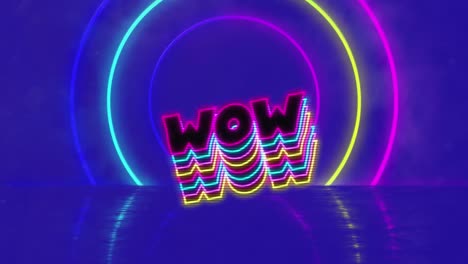 Animation-of-wow-text-over-neon-shapes-on-blue-background