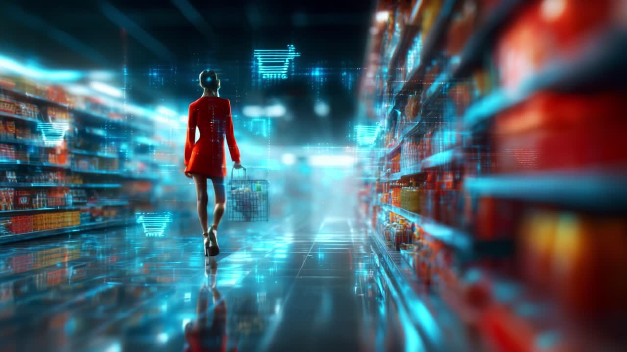 A futuristic shopping experience unfolds as a confident figure in a vibrant red dress navigates through a digitally enhanced supermarket, showcasing modern retail technology and ambiance