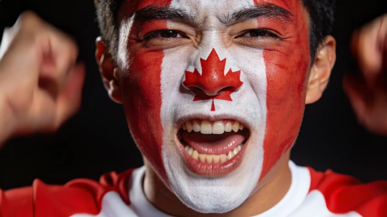 Un tifoso maschio esultante che indossa una maglia rossa, con il viso dipinto con la bandiera canadese, che stringe i pugni reagendo alla partita.