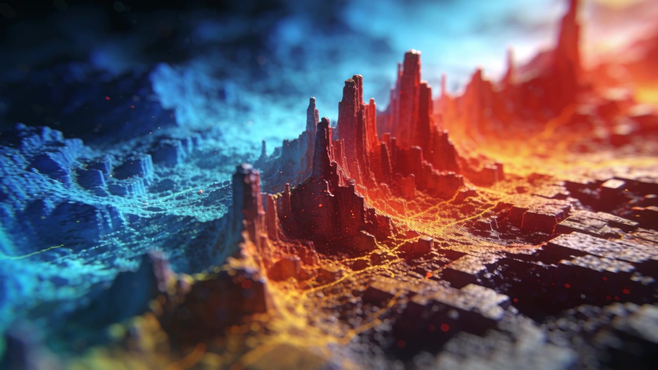 Slow dolly pushing over jagged spires revealing glowing fissures in CGI terrain, emphasizing height