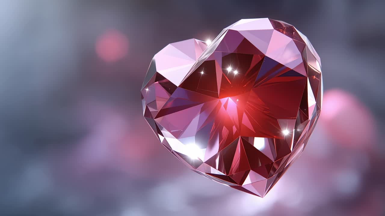 Radiant red heart glows with inner light. Facets catch illumination, sparkling brilliantly. Soft bokeh blurs the background in gentle hues. The heart floats, suspended in quiet, loving space