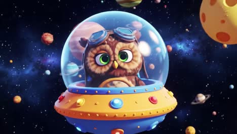 a cartoon owl pilot navigates through a colorful cosmic landscape in a whimsical spaceship, with planets and stars surrounding it in a vibrant space setting
