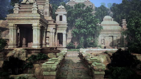 ancient stone temple ruins in a lush jungle