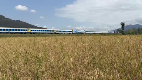 Railway-scenic-wide-view-landscape-train-journey-rail-tour-trip-and-vacation-with-the-cinematic-view-of-rice-paddy-field-agriculture-and-the-travel-concept-blue-sky-white-clouds-mountain-in-Iran-Gilan