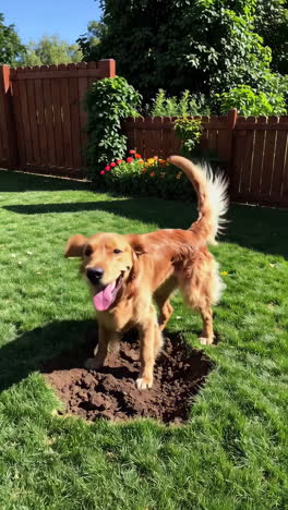 golden retriever digging in a yard