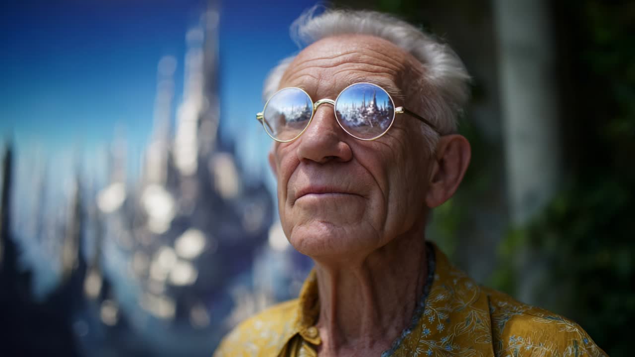 Portrait of an Elderly Man with Artistic Round Glasses, Gazing Thoughtfully Towards a Dreamlike Cityscape, Reflecting Creativity and Wisdom with a Background Filled with Enigmatic Shapes and Structures
