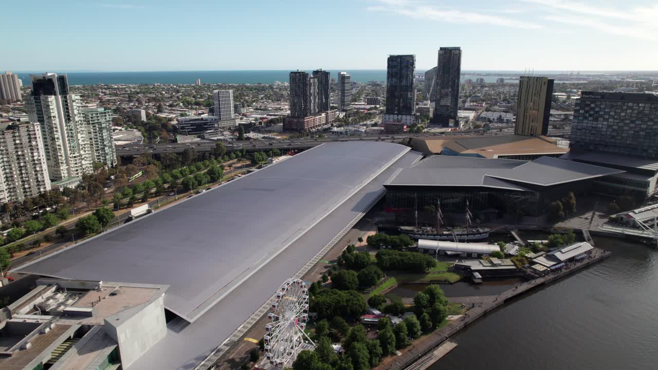 Melbourne Convention and Exhibition Centre, overhead aerial view, 4K