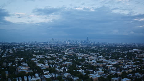 aerial panorama of chicago skyline and cityscape at twilight