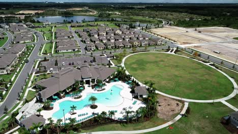 aerial view of an upper middle class lakefront neighborhood subdivision with single family homes and townhouses, pool and clubhouse on a cloudy fall day in winter garden, florida, usa