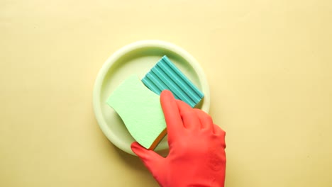 esponja , guantes de goma y un plato lleno de rosa