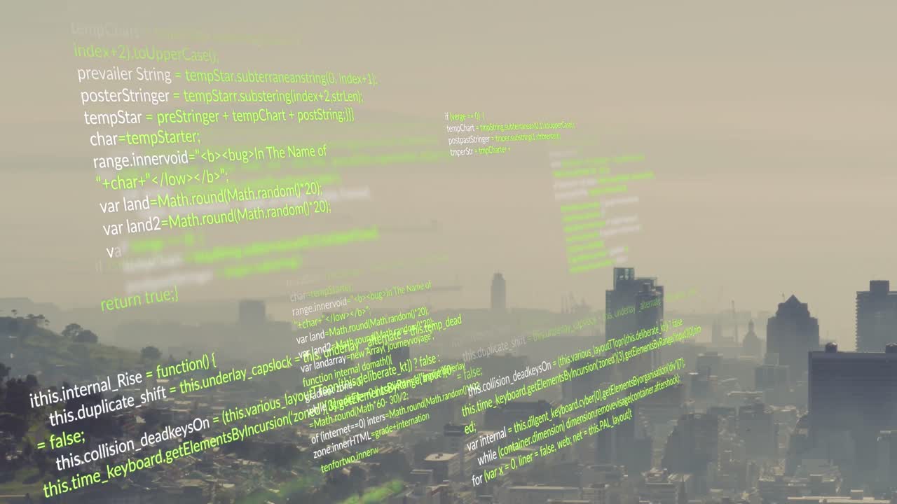 Animation of looping computer language over fog covered modern city against sky