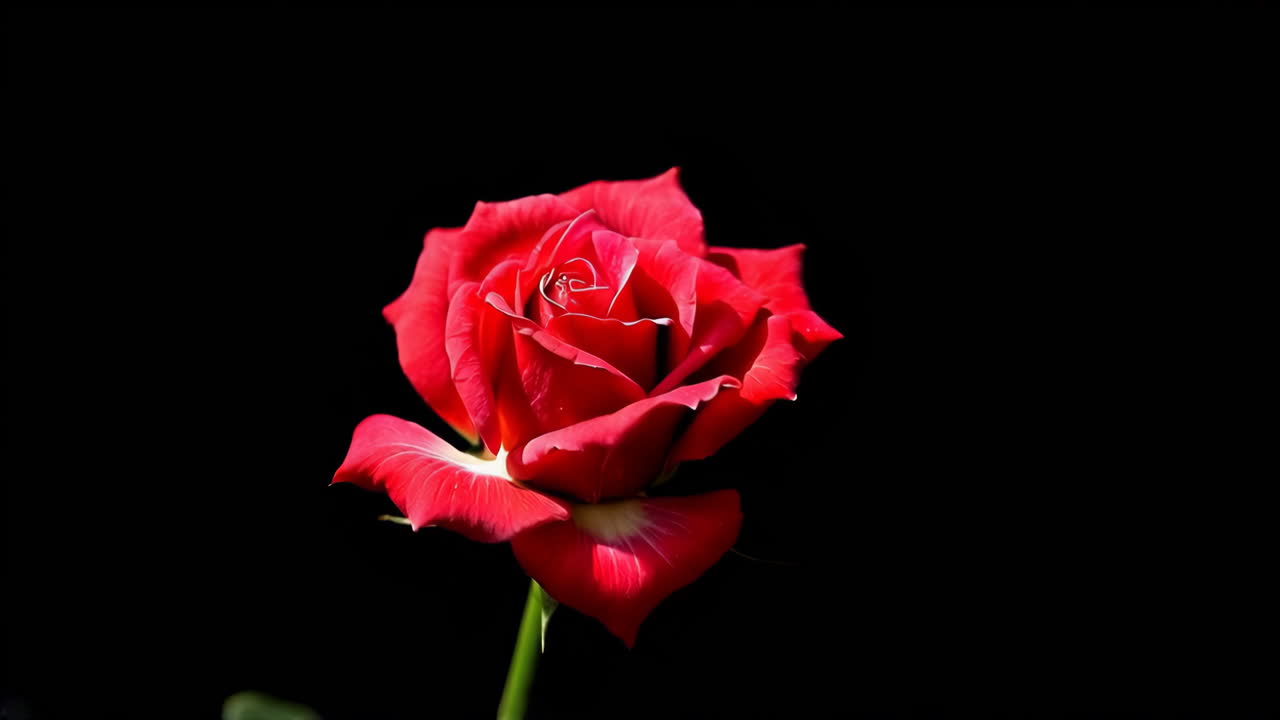 Una rosa rossa in fiore su uno sfondo nero incredibilmente elegante che cattura lo sguardo.