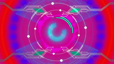 Animation-of-scope-scanning-and-circuit-board-elements-on-pink-background