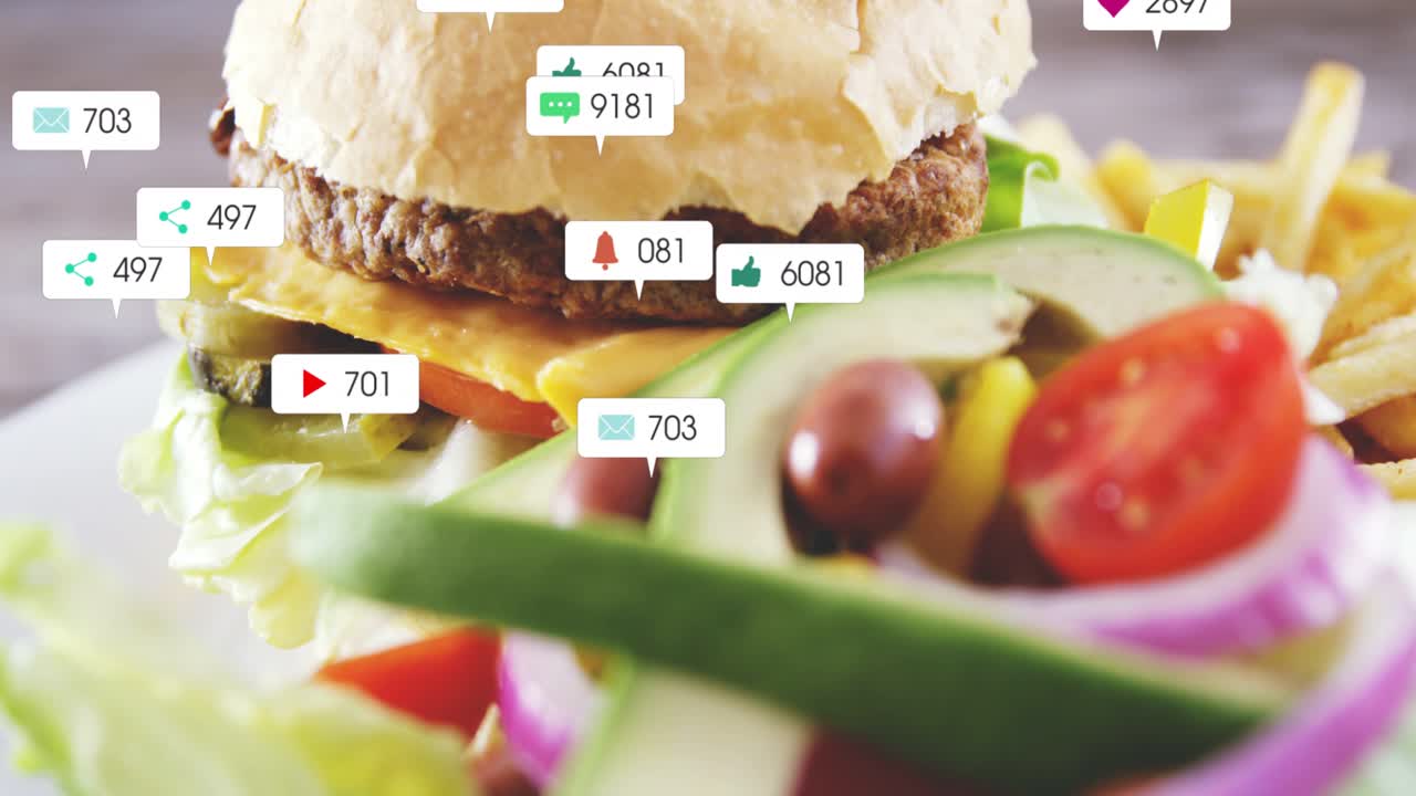 Focus shifting causing burger gaining floating social icons, counters rising to show engagement