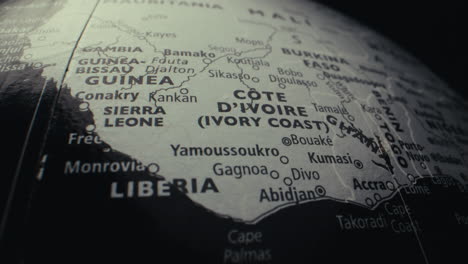 close-up of a world globe focused on west africa