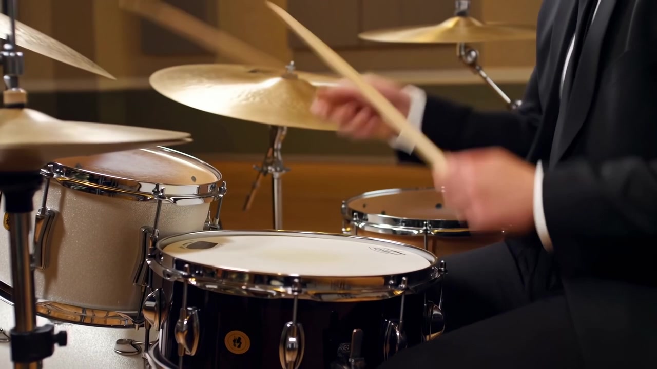 Batterista che suona il rullante in studio, musicista uomo in abito esegue un ritmo jazz serrato con colpi di bacchetta nitidi