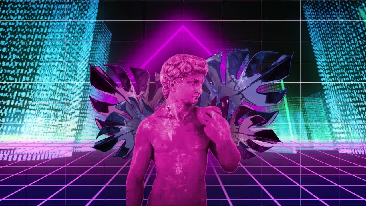 검은 바탕에 네온 모양과 디지털 도시에 대한 간섭을 가진 조각의 애니메이션