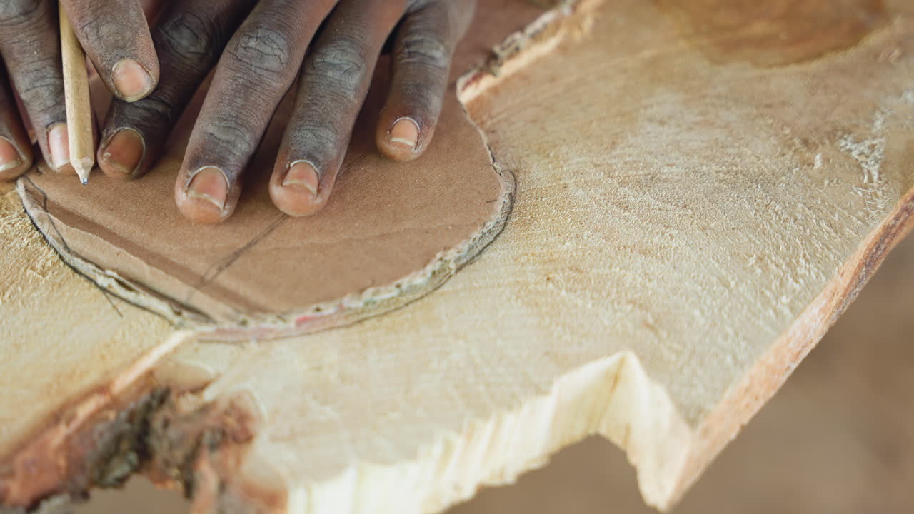 Primo piano di mani che tracciano un cerchio sul legno, matita che segna il modello per l'intaglio, superficie polverosa con bordo di corteccia, apprendista artigiano che prepara il modello per l'intaglio a mano, disposizione di falegnameria precisa e misurata.