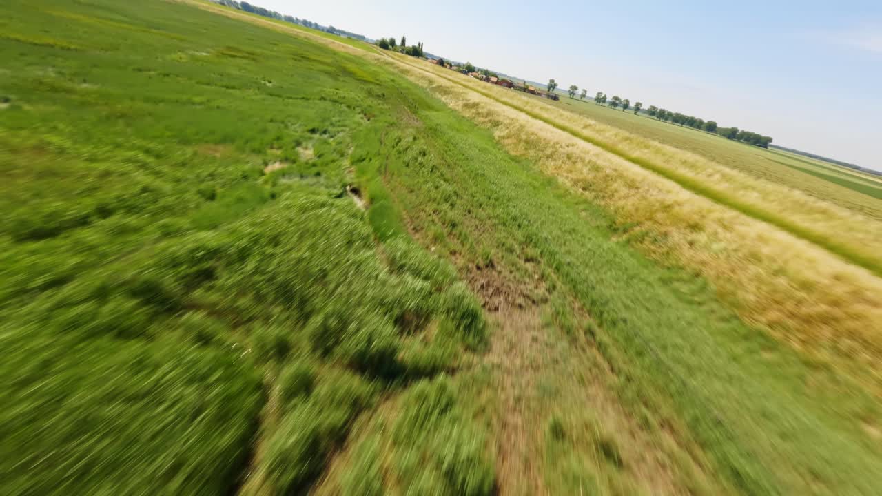 fpv drone disparó volando a alta velocidad sobre una zanja y marismas