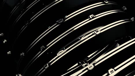 abstract futuristic space ship with its rotating parts made of metal on black background, seamless loop. animation. silver mechanism with spinning round details