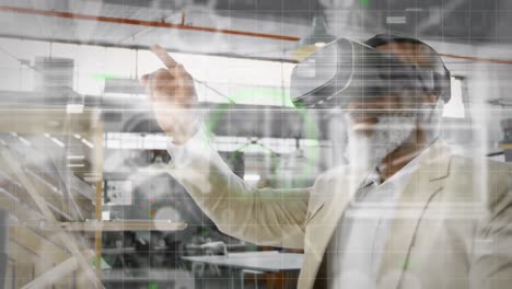 animation of scope scanning and social media icons over african american man wearing vr headset