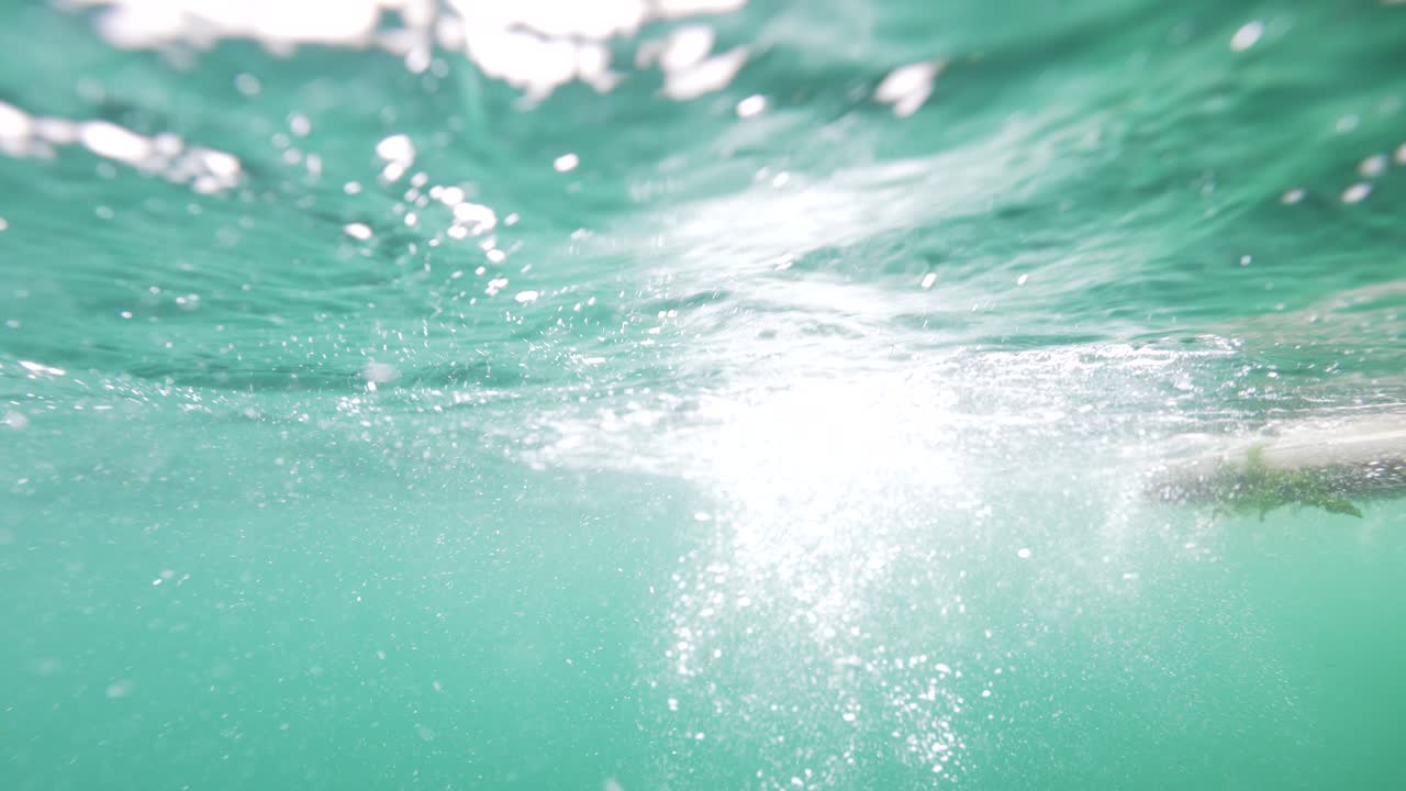 수면 바로 에는 거품과 파도가 있습니다.