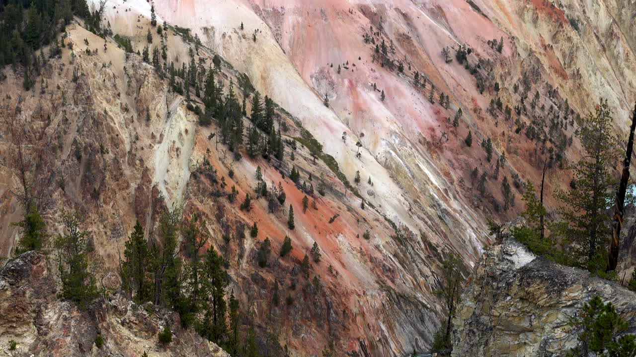 Panorama melintasi dinding ngarai berwarna salmon di Grand Canyon Yellowstone
