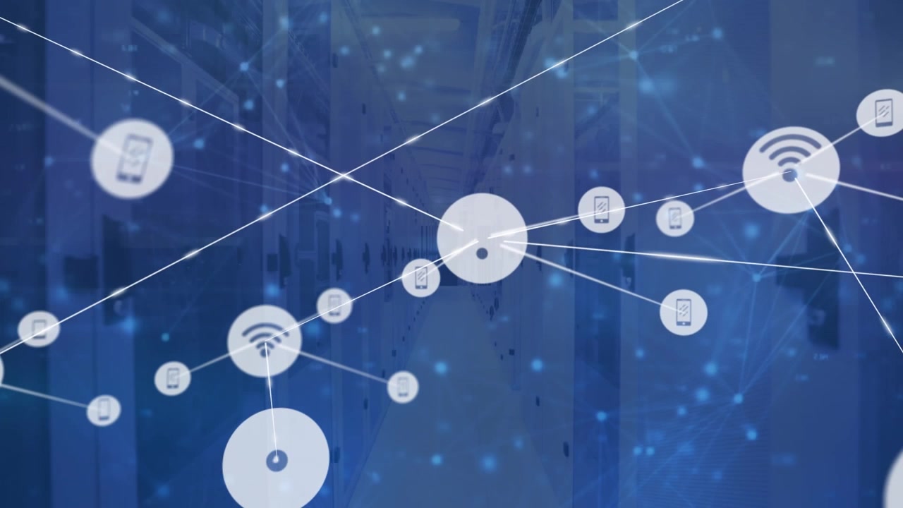 Animation of network of connections and digital icons against computer server room