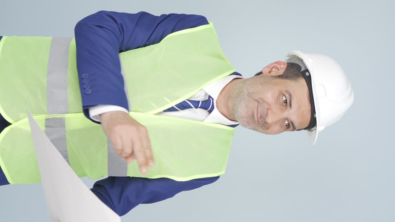 vídeo vertical del ingeniero examina el proyecto en sus manos.