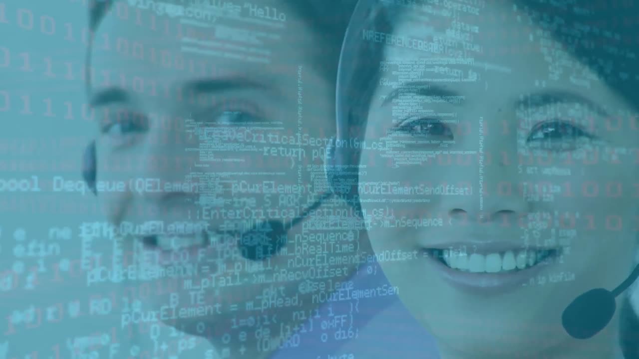 Animazione di elaborazione dati su persone diverse che usano auricolari telefonici e lavorano in un call center.