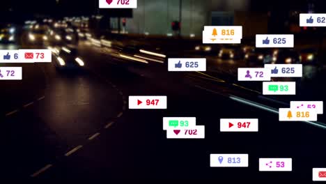 animation of social media icons and numbers over out of focus city and traffic lights