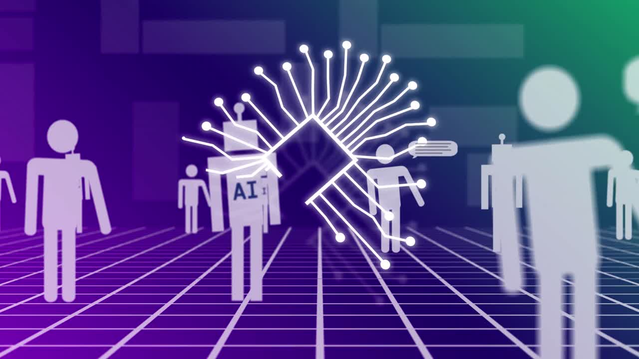 보라색 배경의 그리드 위에서 채팅과 데이터 처리의 애니메이션