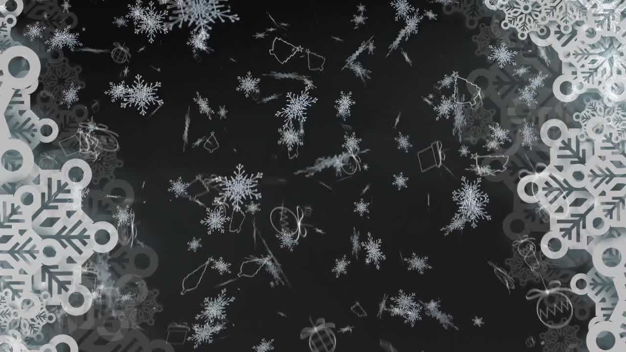 animación digital de múltiples iconos de copos de nieve que caen contra un fondo negro
