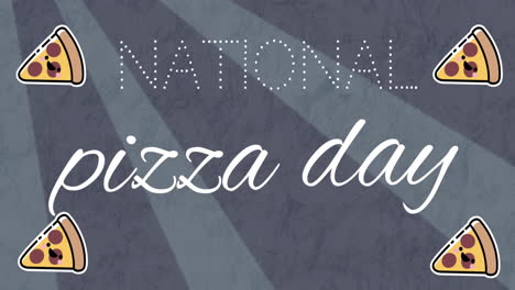 animation of national pizza day text and pizza icons over over stripes on grey background
