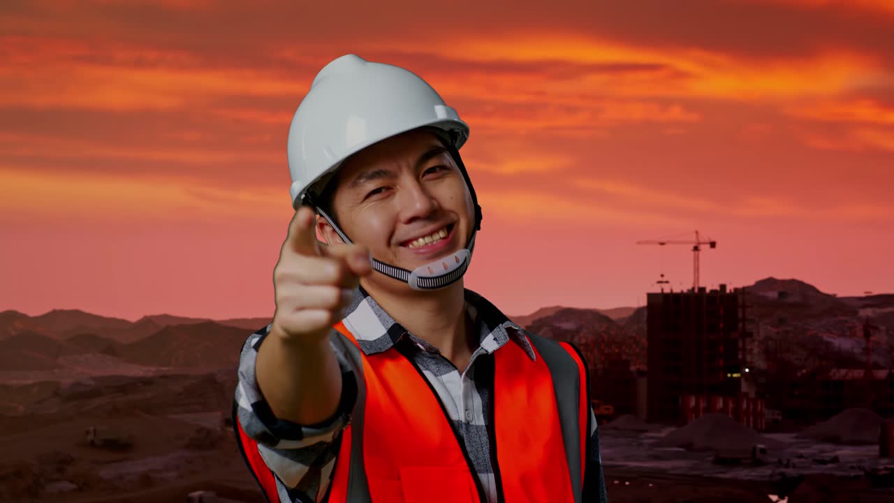 웃는 건설 노동자 가 해가 지는 곳 을 가리키고 있다