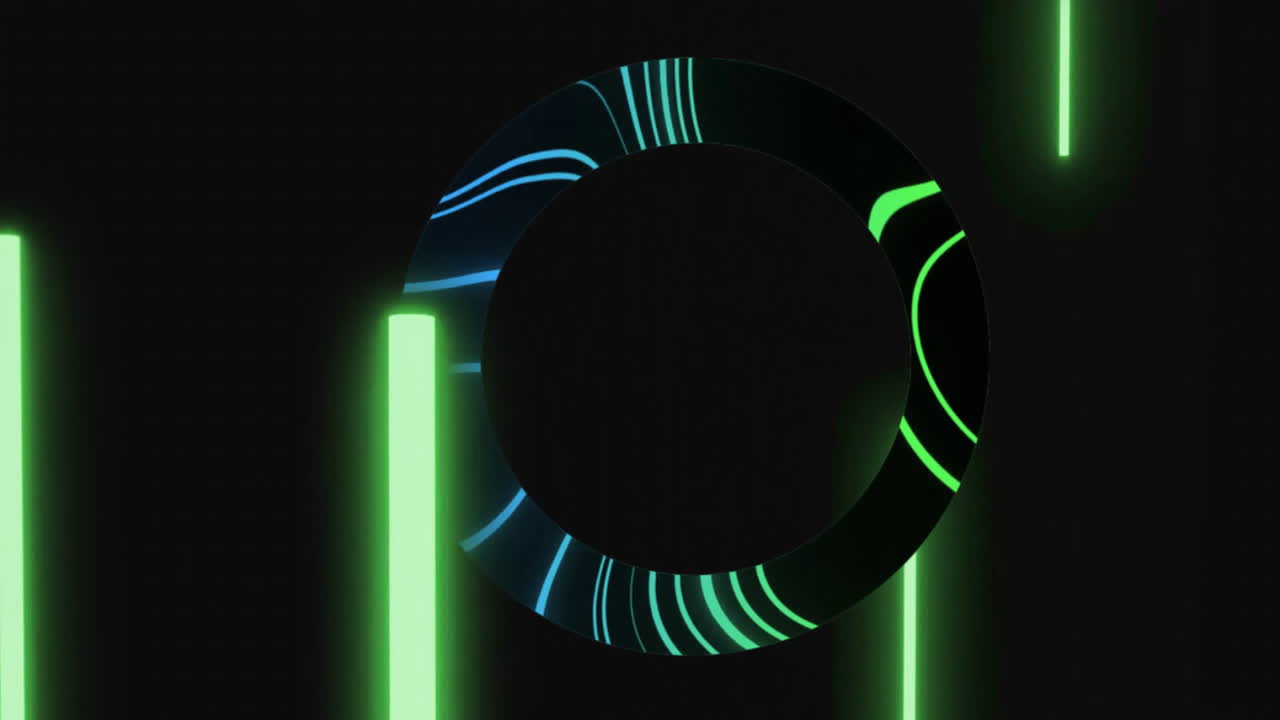 Animation of neon colourful shapes moving on black background