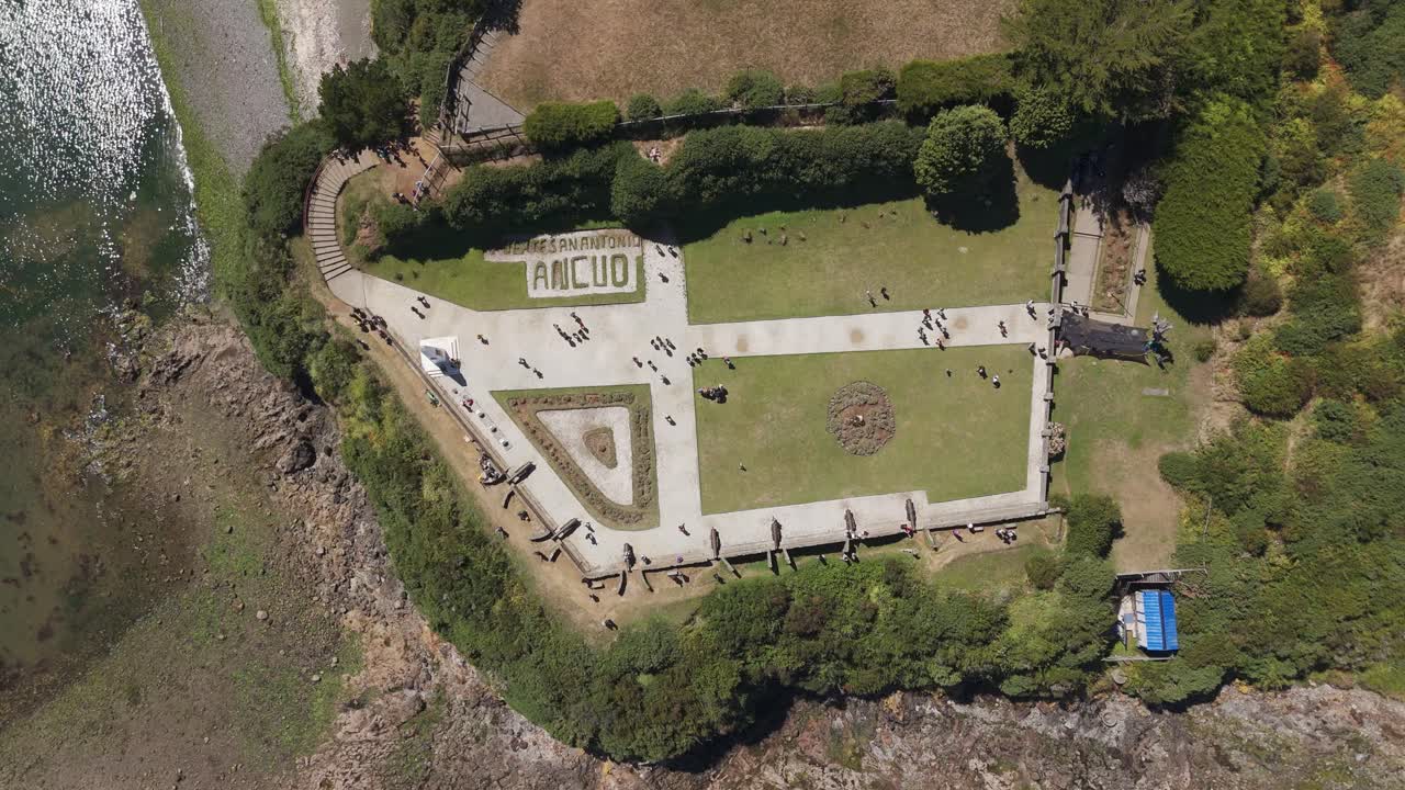 Aerial view of Fuerte San Antonio, a historical fort in Ancud, located on the coast of Chiloe Island, Chile. pedestal down