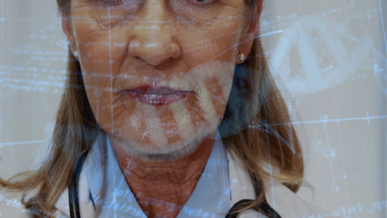 female doctor wearing lab coat using digital data overlays with network grids in health tech