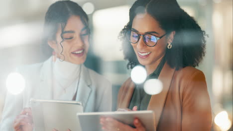 business women, teamwork and tablet planning