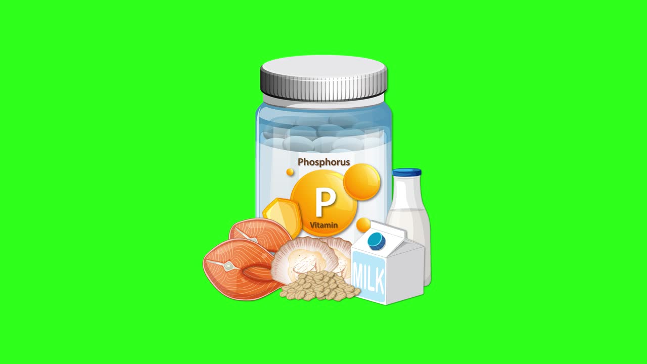 Phosphorus supplement bottle appears with eggs, milk, nuts, and grains on vibrant green background