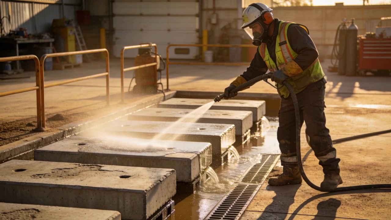 Pointing nozzle, worker in helmet hi-vis vest using pressure wand cleaning slabs at bay, copy space