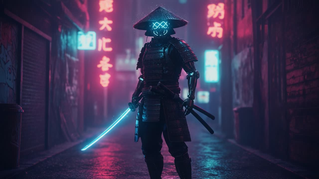 A Futuristic Samurai Warrior Stands Proudly in a Neon-Lit Rainy Alley, Showcasing a Unique Blend of Traditional Armor and Modern Technology, Ready for Action