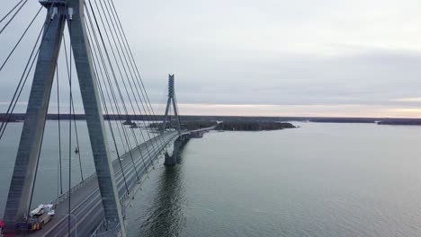 aerial of maintenance check on longest cable-stayed finnish replot bridge