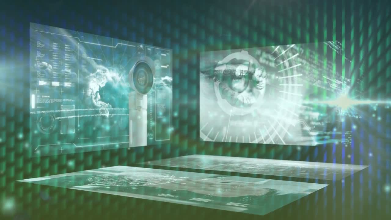 animazione di dati diversi su schermi in spazio nero con luci verdi