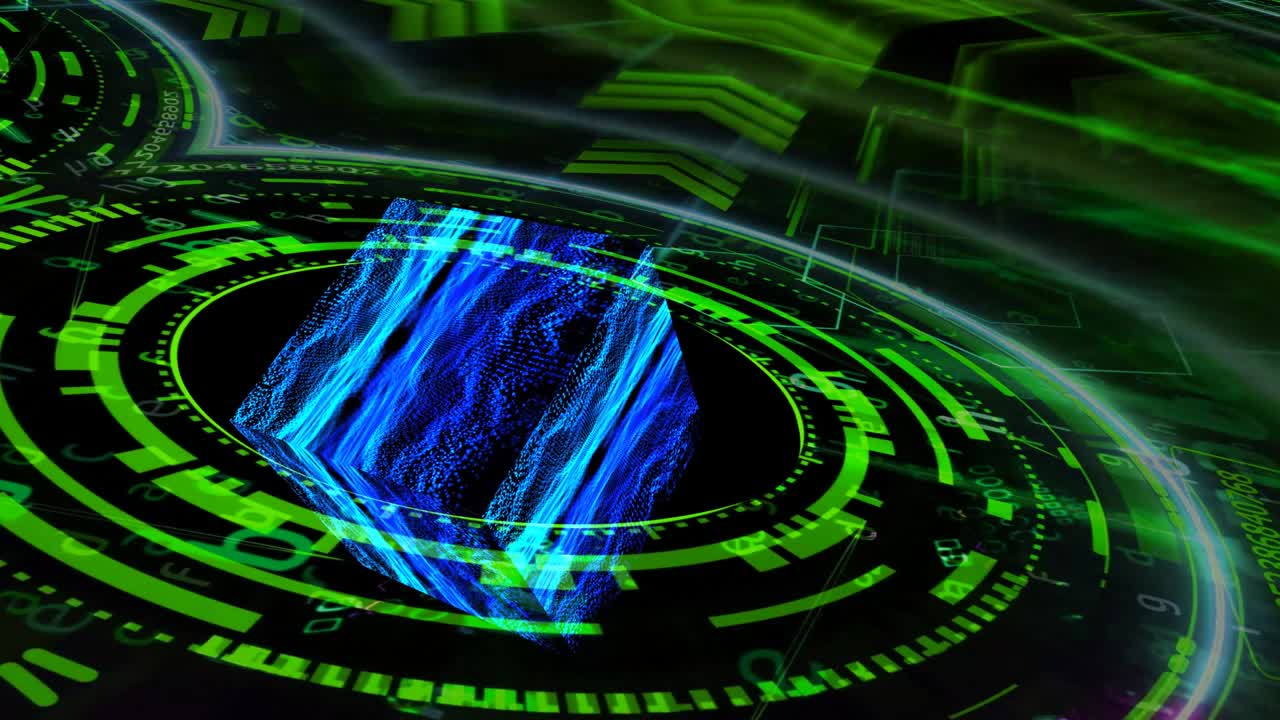 초록색 디지털 큐브 반사를 가진 양자 미래 기술 컴퓨터 추상적인 어두운 동굴 파형 소리 오디오 음악 진동