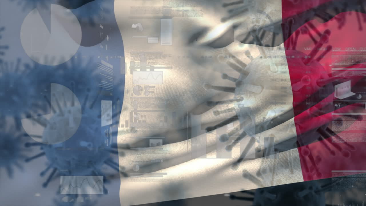 맥로 코로나 바이러스가 프랑스 국기를 배경으로 퍼져나가고 있습니다.